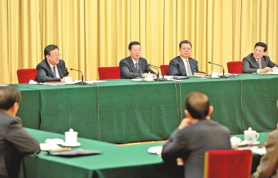 3月7日上午，中共中央政治局常委、国务院副总理张高丽来到出席十二届全国人大三次会议的河南代表团，与代表们共同审议政府工作报告、计划报告和预算报告。(记者 杜小伟 摄)